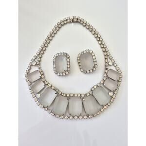 Vintage Frosted Rhinestone and Faux Opal Choker Necklace and Earring Set